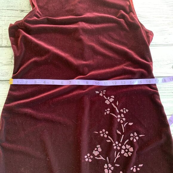 Vintage 90s Burgundy Velvet Floral Glitter Stretchy Sleeveless Sheath Dress - Picture 10 of 14